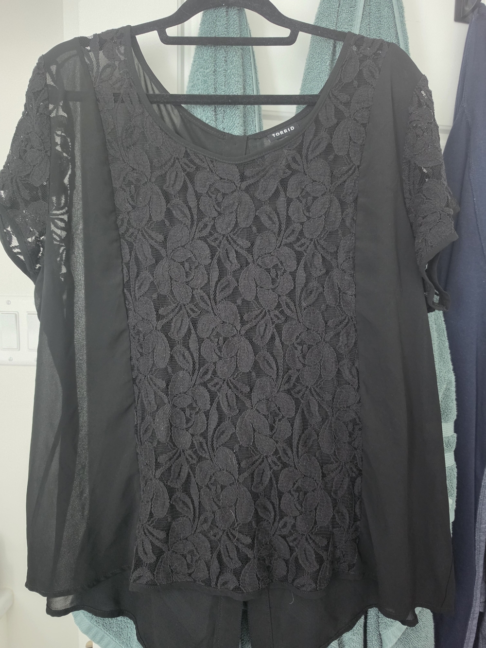 torrid Black Floral Lace Panel Short Sleeve Blouse